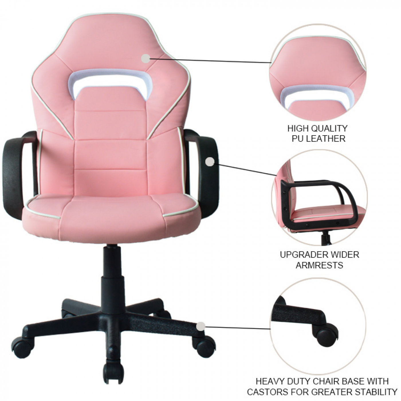Roze gamingstoel met witte accenten. Kenmerken zijn PU-leer, armleuningen en een basis met zwenkwielen.