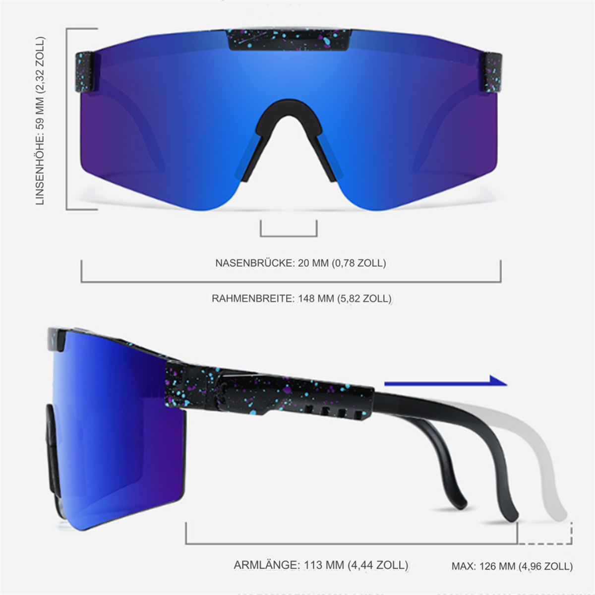 Sonnenbrille mit blauen Gläsern. Maße sind angegeben. Das Gestell hat ein schwarz-lila Design.