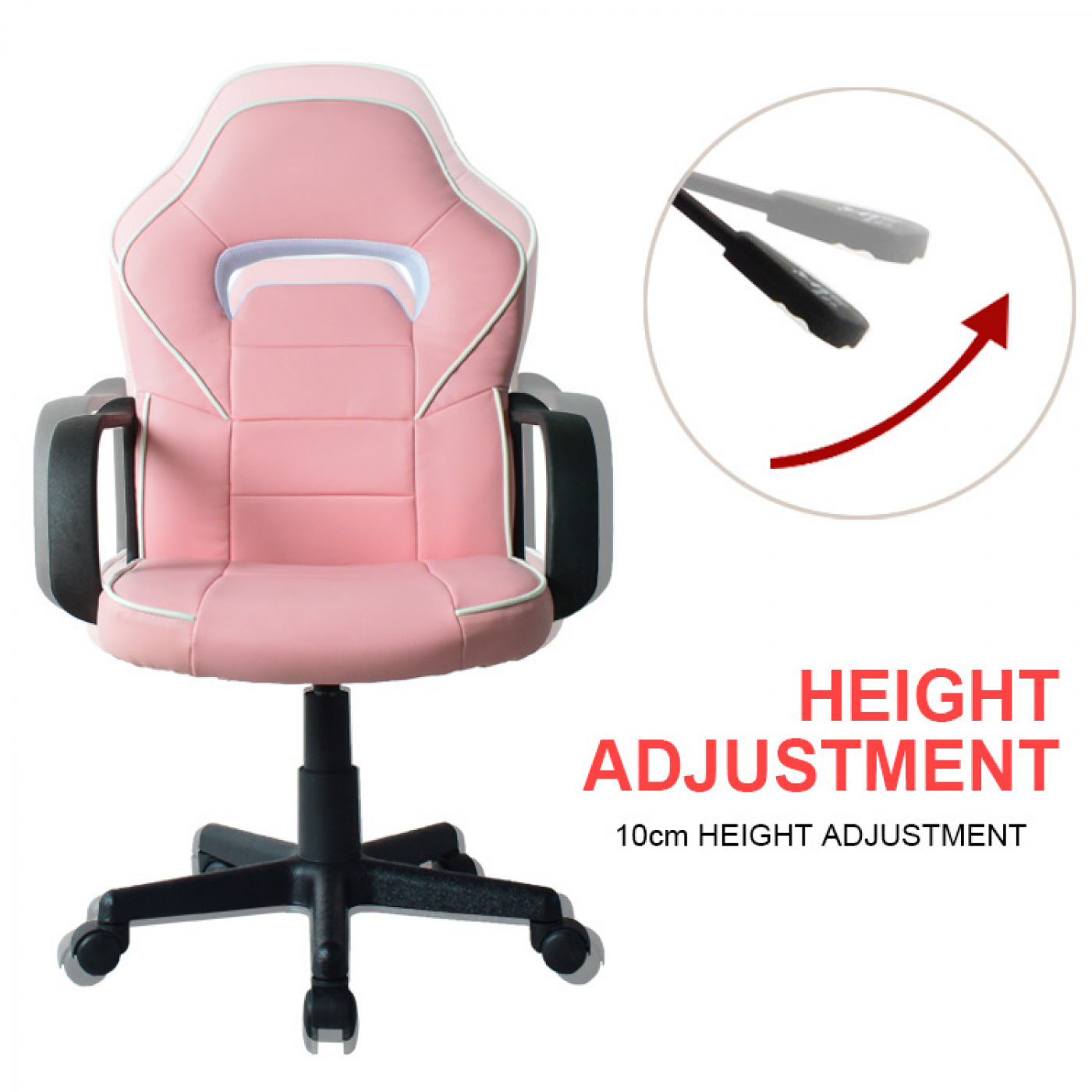 Roze gaming stoel met witte accenten, hoogteverstelling icoon met pijl.