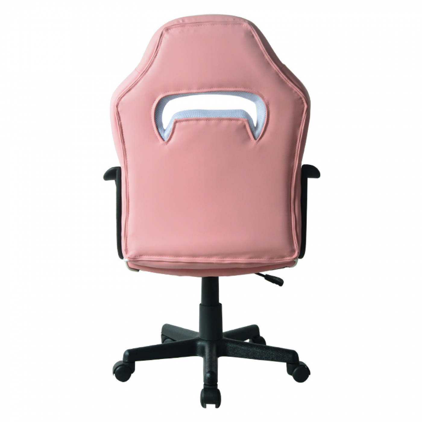 Roze gamingstoel, met zwarte basis en armleuningen, tegen een witte achtergrond.