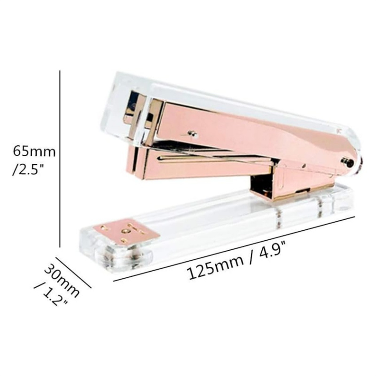 Roségold-Tacker mit Abmessungen. Der Tacker wird auf weißem Hintergrund mit Maßen in mm und Zoll gezeigt.