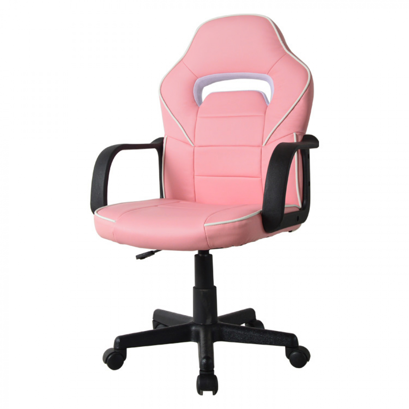 Roze gamingstoel met zwarte armleuningen en basis. Witte afwerking accentueert de rug. Witte achtergrond.