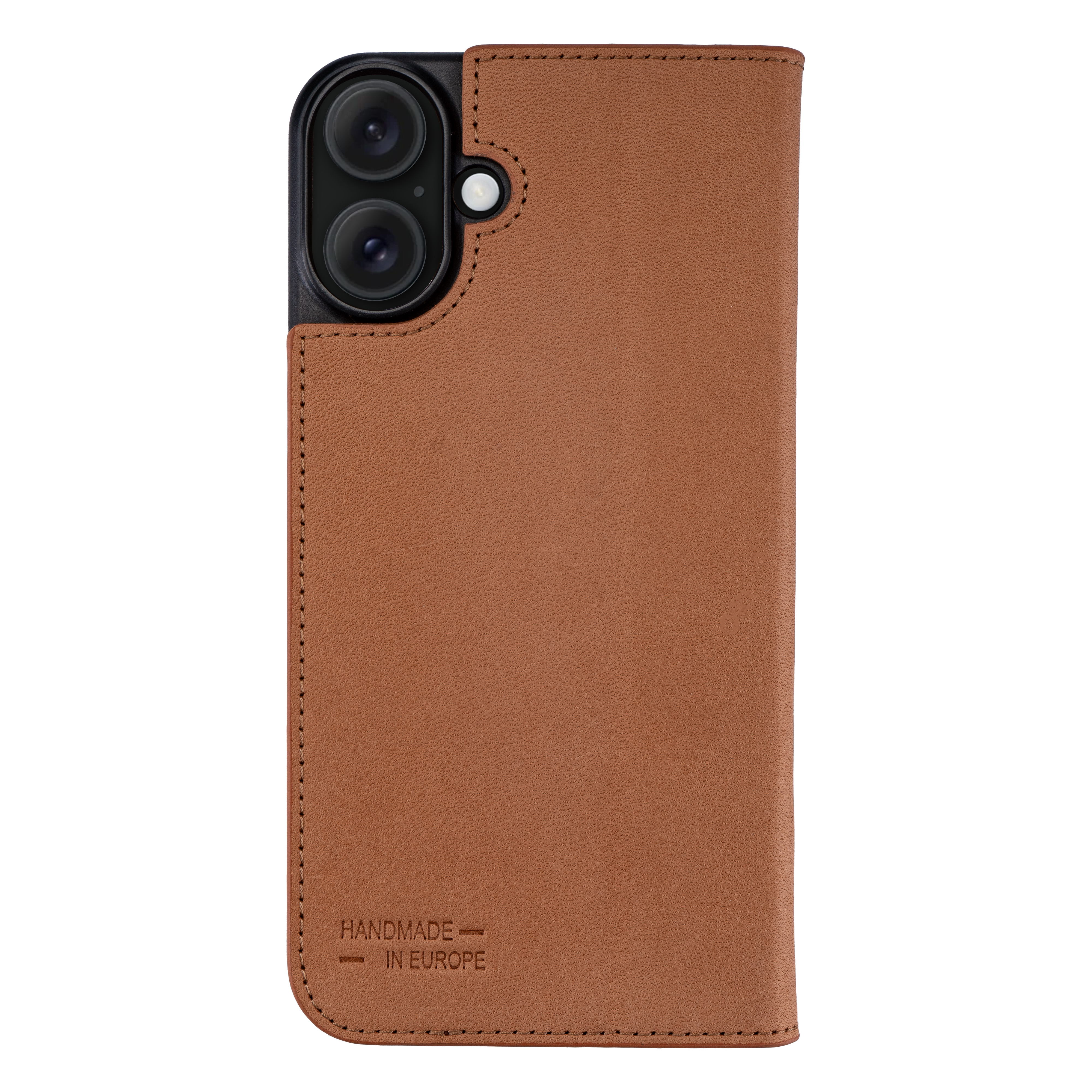 Étui de téléphone en cuir marron. L'étui a trois caméras.
