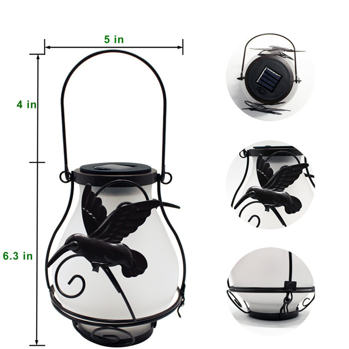 Solarbetriebene Kolibri-Laterne mit Maßen in Zoll. Mehrere Ansichten zeigen Details.