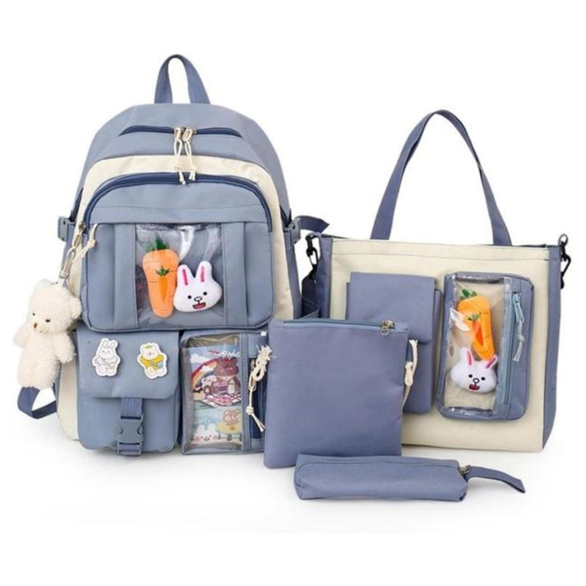 Rucksack, Tragetasche, Geldbörse und Federmäppchen in einem Set.