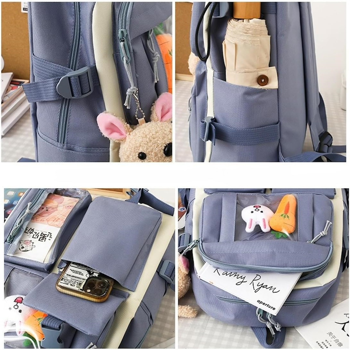 Vier Bilder zeigen einen blauen Rucksack mit Taschen. Er hat ein Hasenspielzeug und eine Karotte. Verschiedene Gegenstände darin.