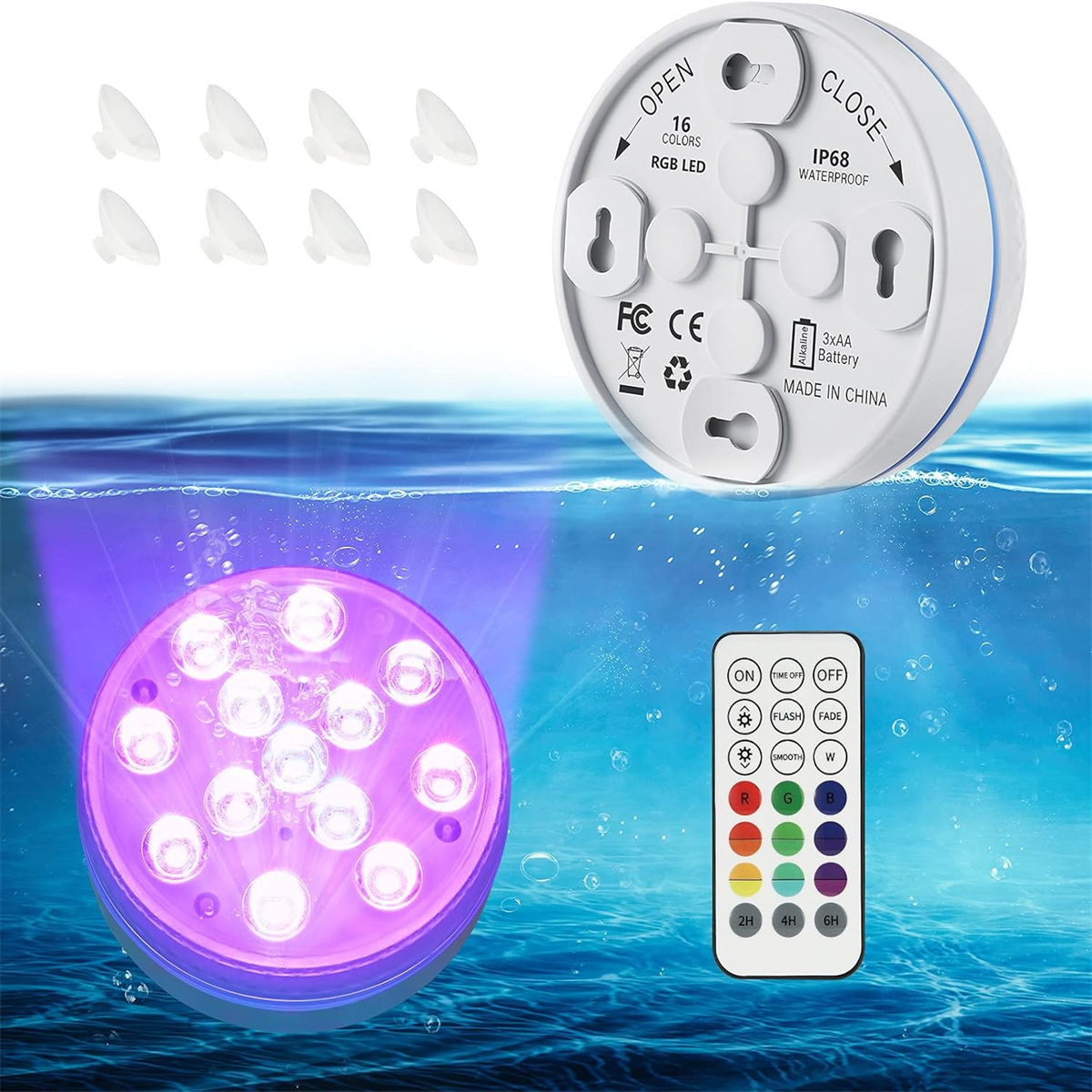 Unterwasser-LED-Leuchte mit Fernbedienung, zeigt Licht und Saugnäpfe.