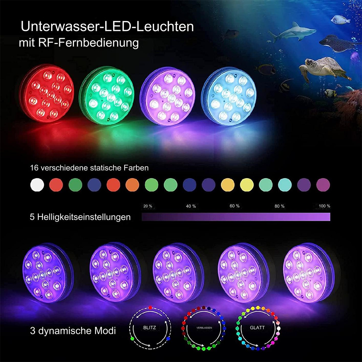 Unterwasser-LED-Leuchten, die verschiedene Farben anzeigen, mit Steuerungsoptionen.