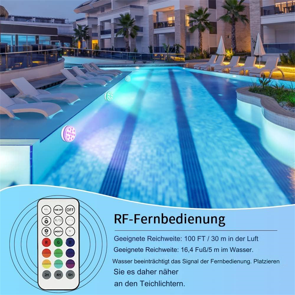 Ein Schwimmbad mit Unterwasserlichtern und einer Fernbedienung mit Text zur Beschreibung der Funktionen.