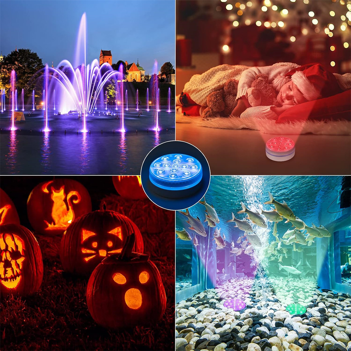 Mehrere Bilder von Lichtern. Brunnen, schlafende Person mit Licht, geschnitzte Kürbisse und Aquarium.