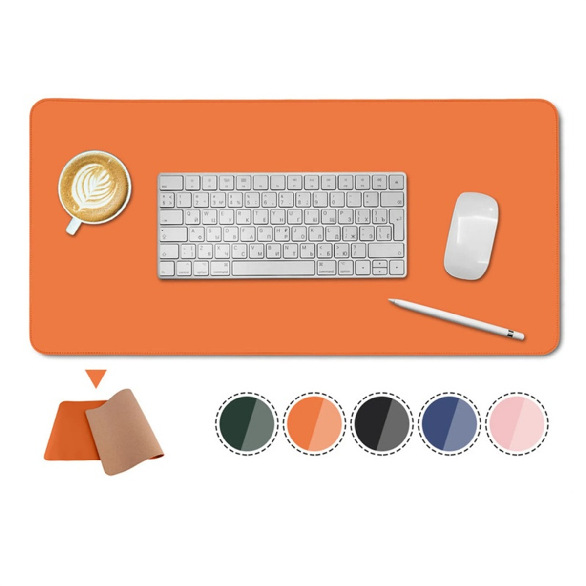 Orangene Schreibtischunterlage mit Tastatur, Maus, Kaffee und Stift. Farbmuster unten.