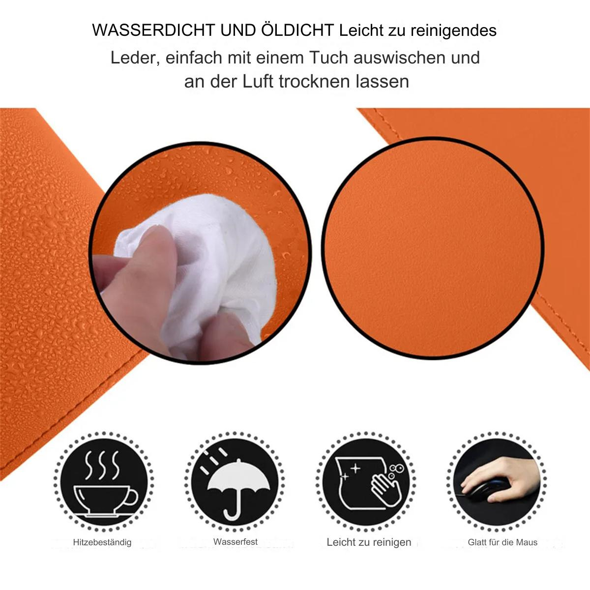 Orangefarbenes Mousepad mit wasser- und ölfesten Symbolen. Papier wischt das Pad und saubere Oberfläche.