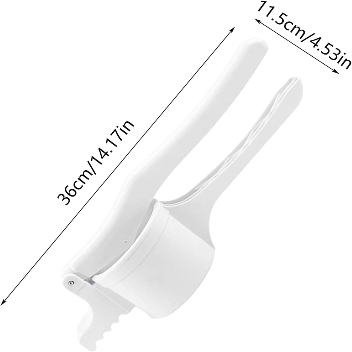 Weiße Knoblauchpresse mit Maßangaben, vor weißem Hintergrund.