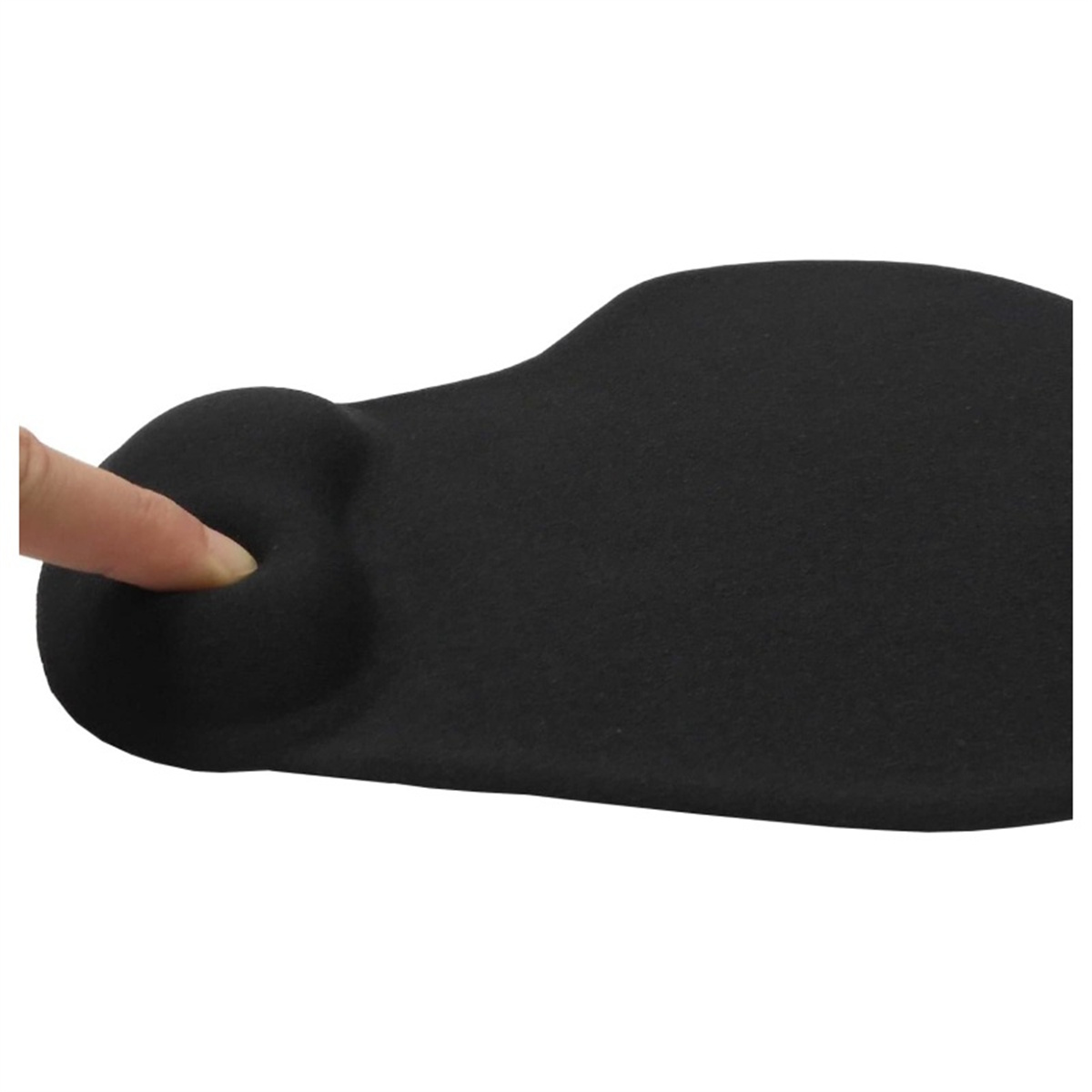 Schwarzes ergonomisches Mousepad mit Handballenauflage. Ein Finger drückt auf die Handballenauflage.