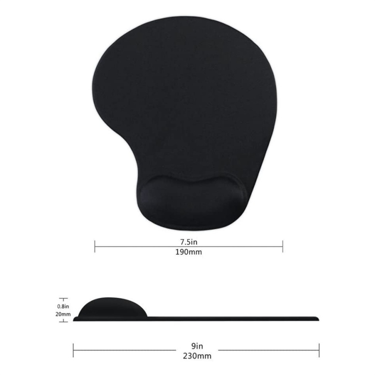 Schwarzes ergonomisches Mauspapier mit Handballenauflage. Abmessungen auf weißer Oberfläche.