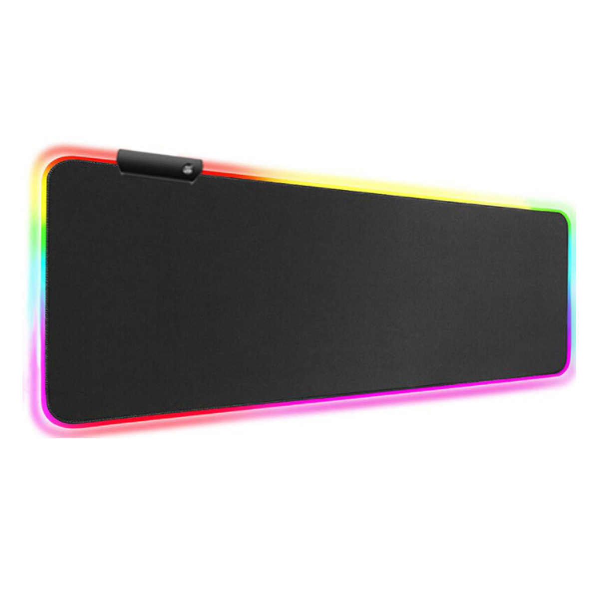 Schwarzes Gaming-Mauspad mit RGB-Kantenbeleuchtung. Oben befindet sich ein kleines Bedienfeld.