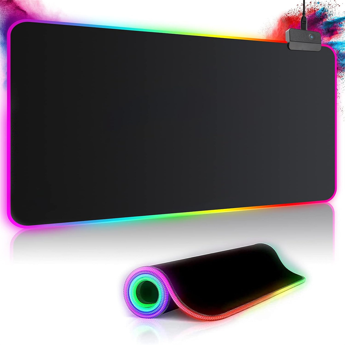 Schwarz-buntes RGB-LED-Mauspad aufgerollt. Weißer Hintergrund.