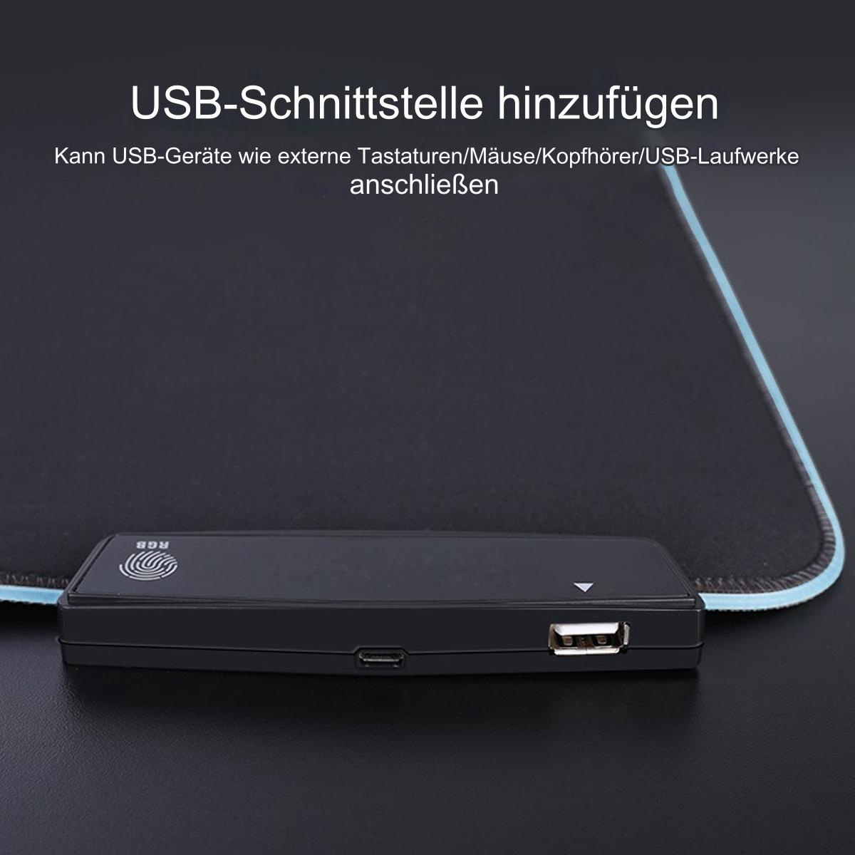 Schwarzer USB-Hub mit USB-Anschluss, Mini-USB-Anschluss und dem Text 'RGB'.