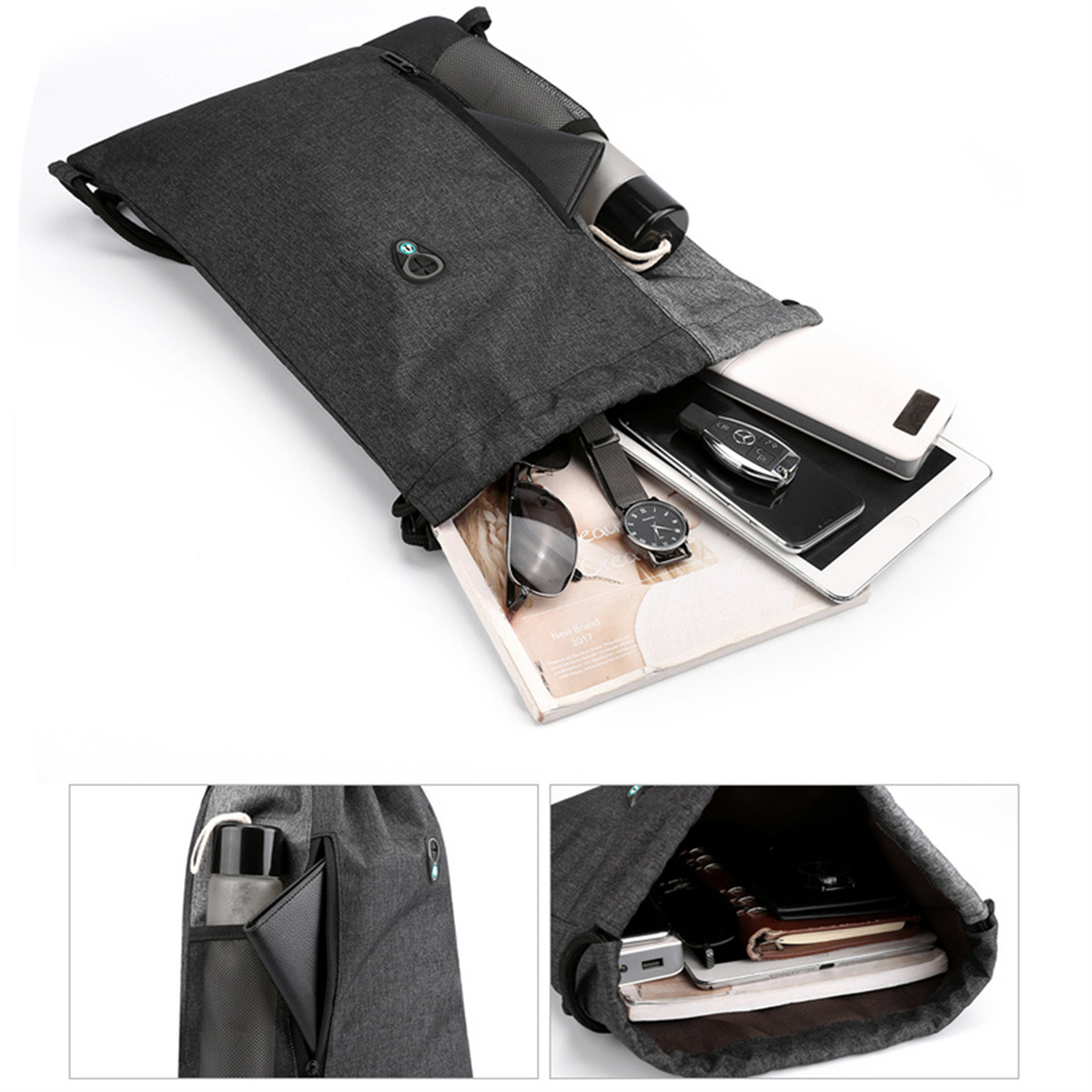 Offener grauer Rucksack mit Tablet, Geldbörse, Telefon, Sonnenbrille, Uhr.