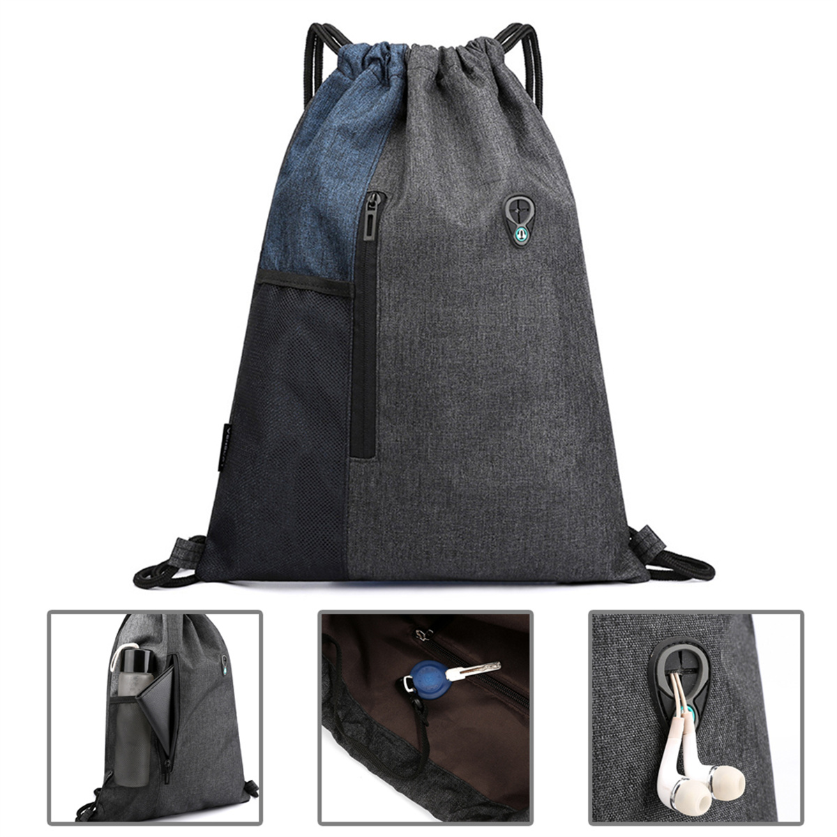 Kordelzug-Rucksack, grau und blau, mit schwarzen Details. Mit Fronttasche und Reißverschlusstasche.