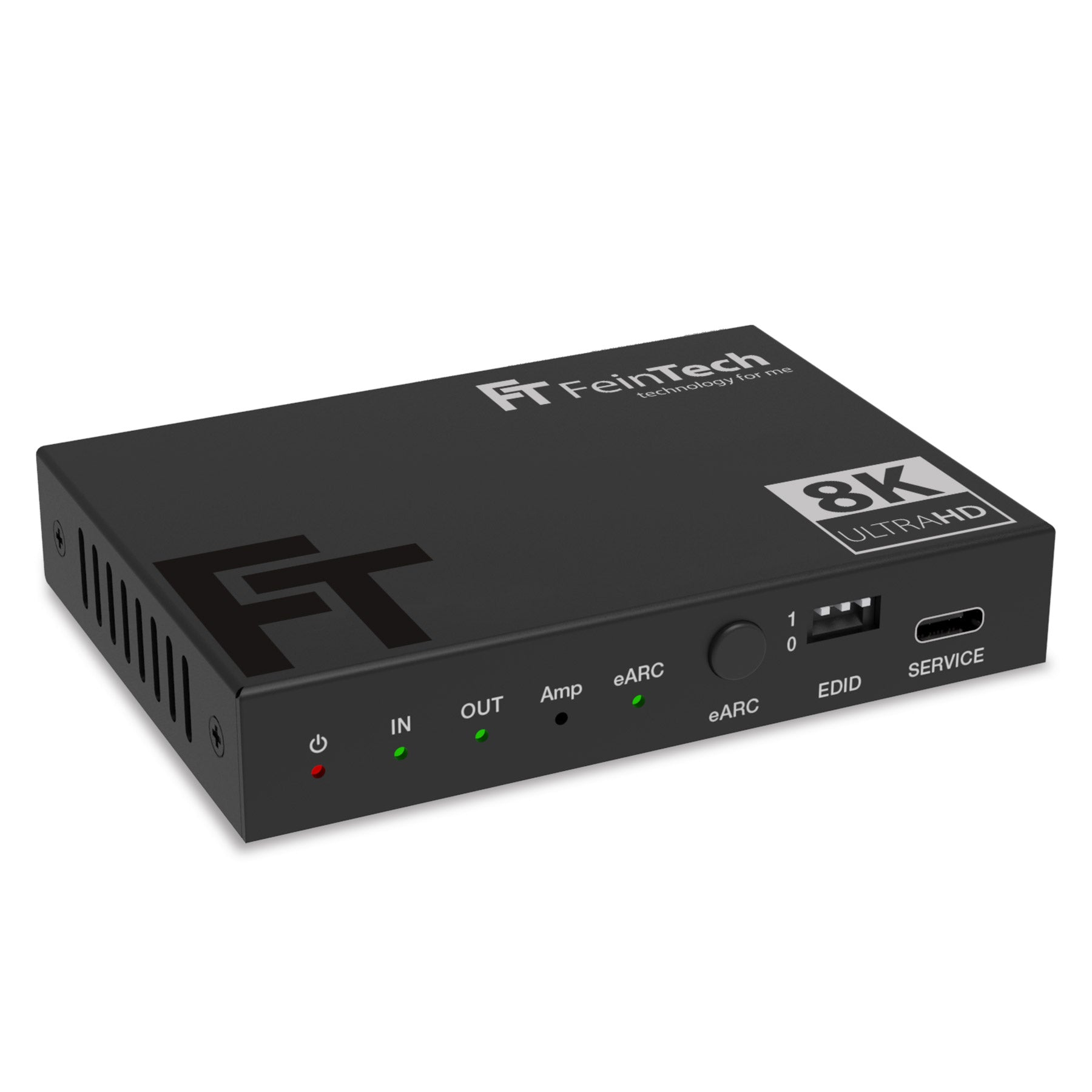 Ein schwarzer 8K Ultra HD Video Switcher mit verschiedenen Ein- und Ausgängen. Die Marke ist FeinTech.