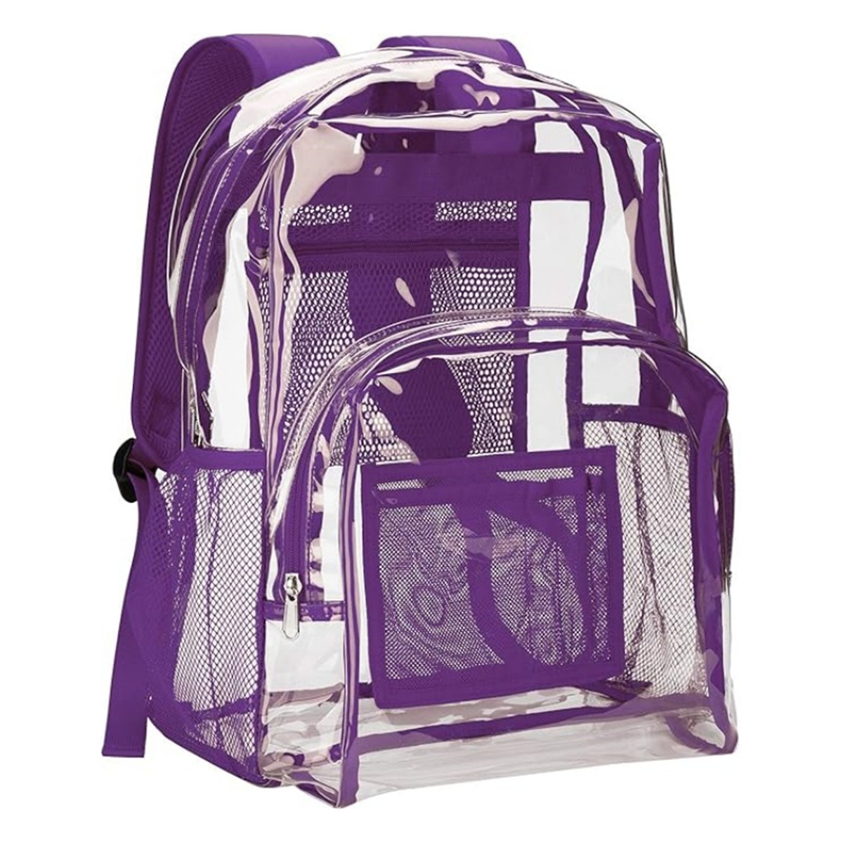 Transparenter lila Rucksack. Klares Gehäuse mit lila Verkleidung, Netztaschen und Schultergurten.