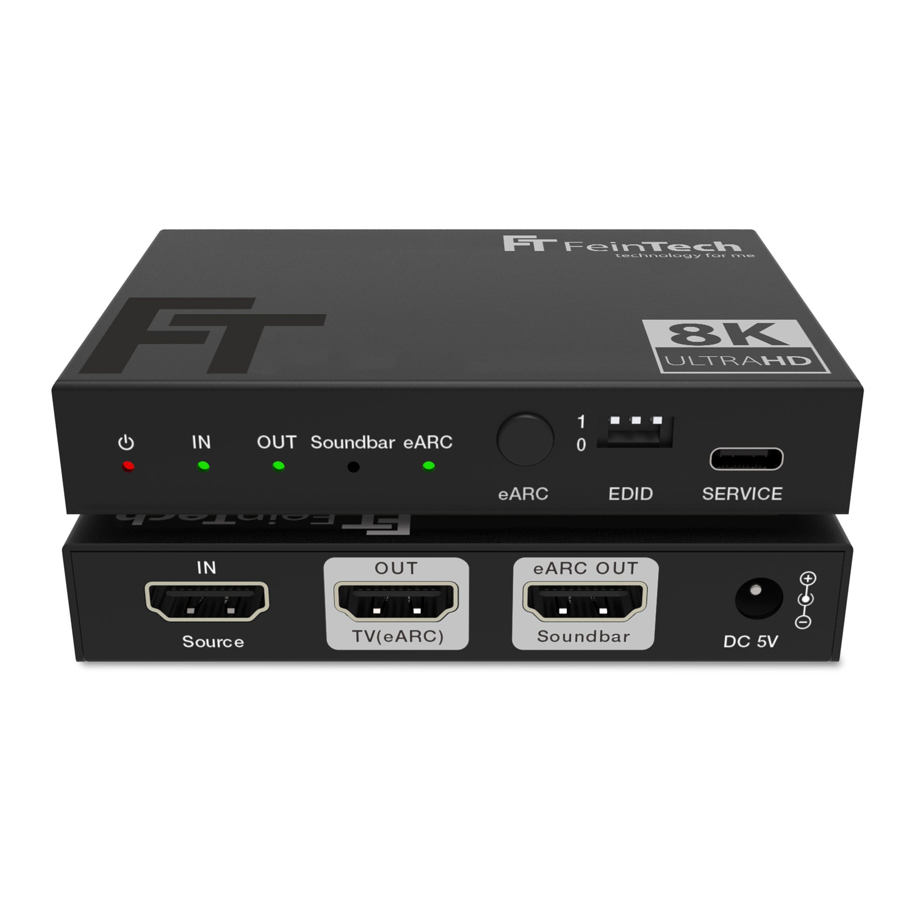 Schwarzer 8K HDMI Switch. Mit mehreren Ein-/Ausgängen und Knöpfen.