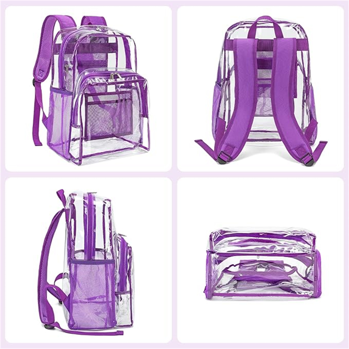 Vier Ansichten eines transparenten, lila Rucksacks mit mehreren Fächern und Riemen.