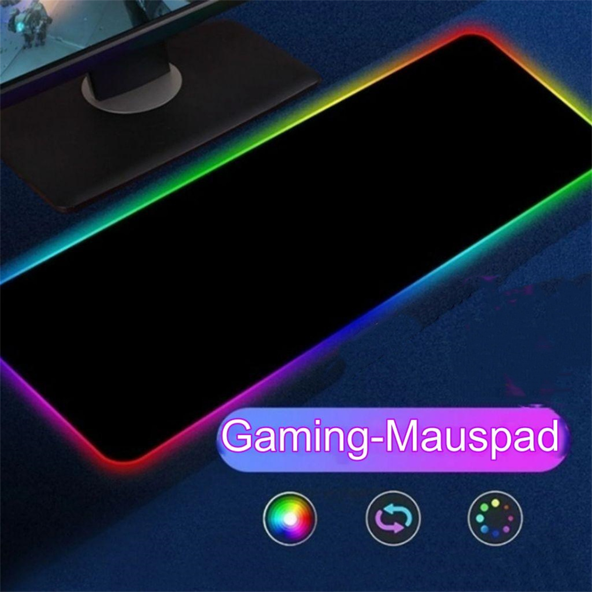 Schwarzes Gaming-Mauspad mit mehrfarbigem Lichtrand und weißem Text: Gaming-Mauspad.