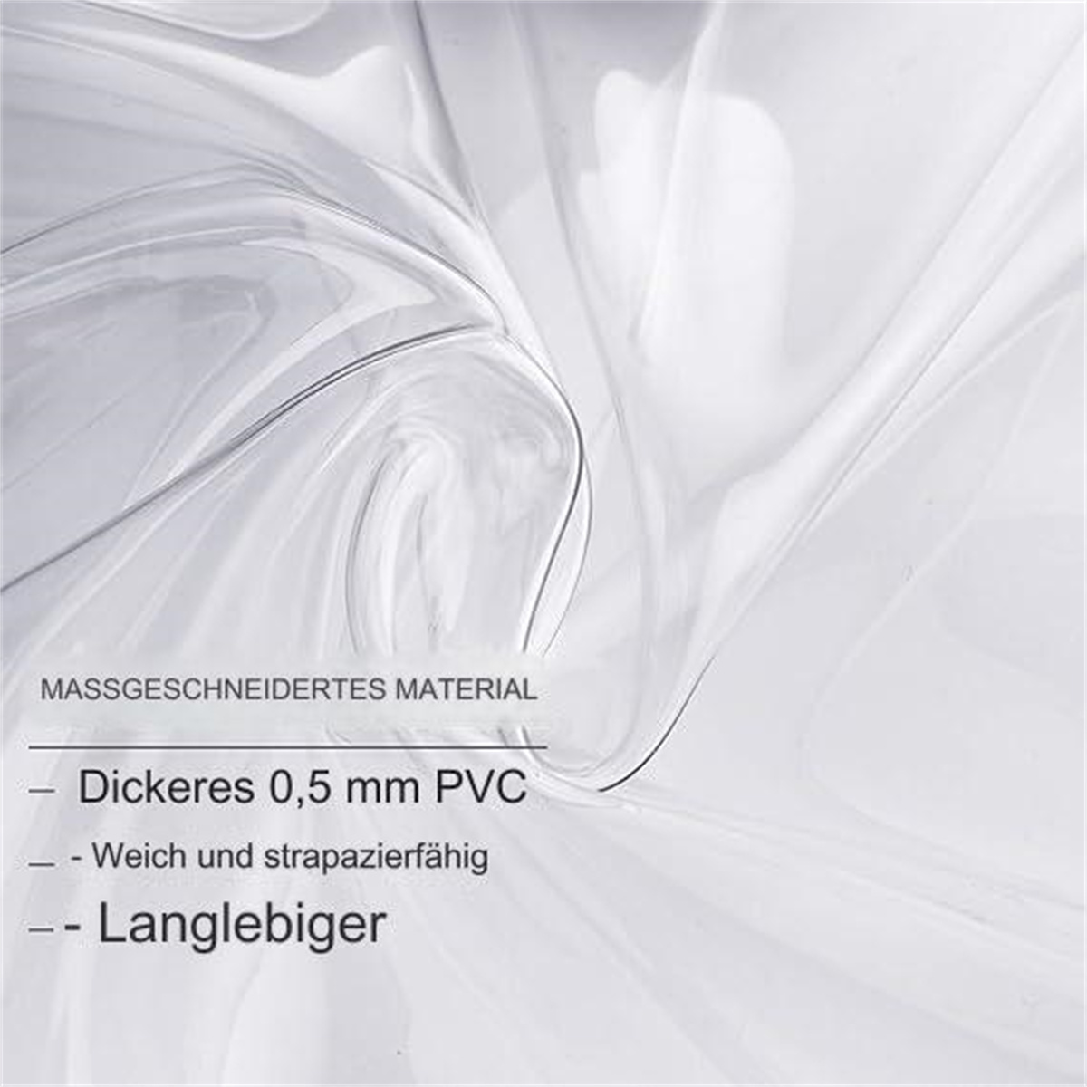 Abstraktes Bild mit weißen, fließenden Formen und Text über PVC-Materialeigenschaften.