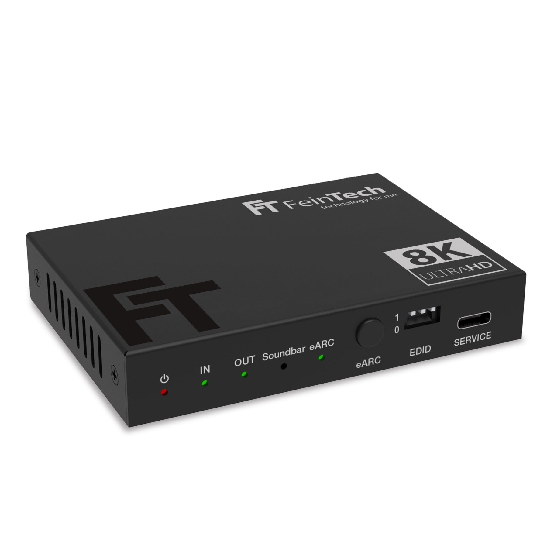 Ein schwarzes 8K UltraHD-Gerät. Es hat Anschlüsse und Tasten, mit dem Markenlogo auf der Vorderseite.