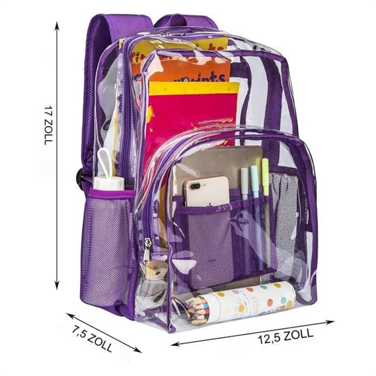 Ein klarer, violetter Rucksack mit Schulmaterial, mit Maßen in Zoll.