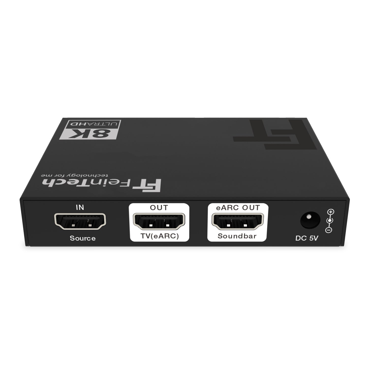 Schwarzer 8K HDMI-Videokonverter mit mehreren Eingangs- und Ausgangsanschlüssen. Beschriftungen: IN, OUT, eARC OUT und DC 5V.