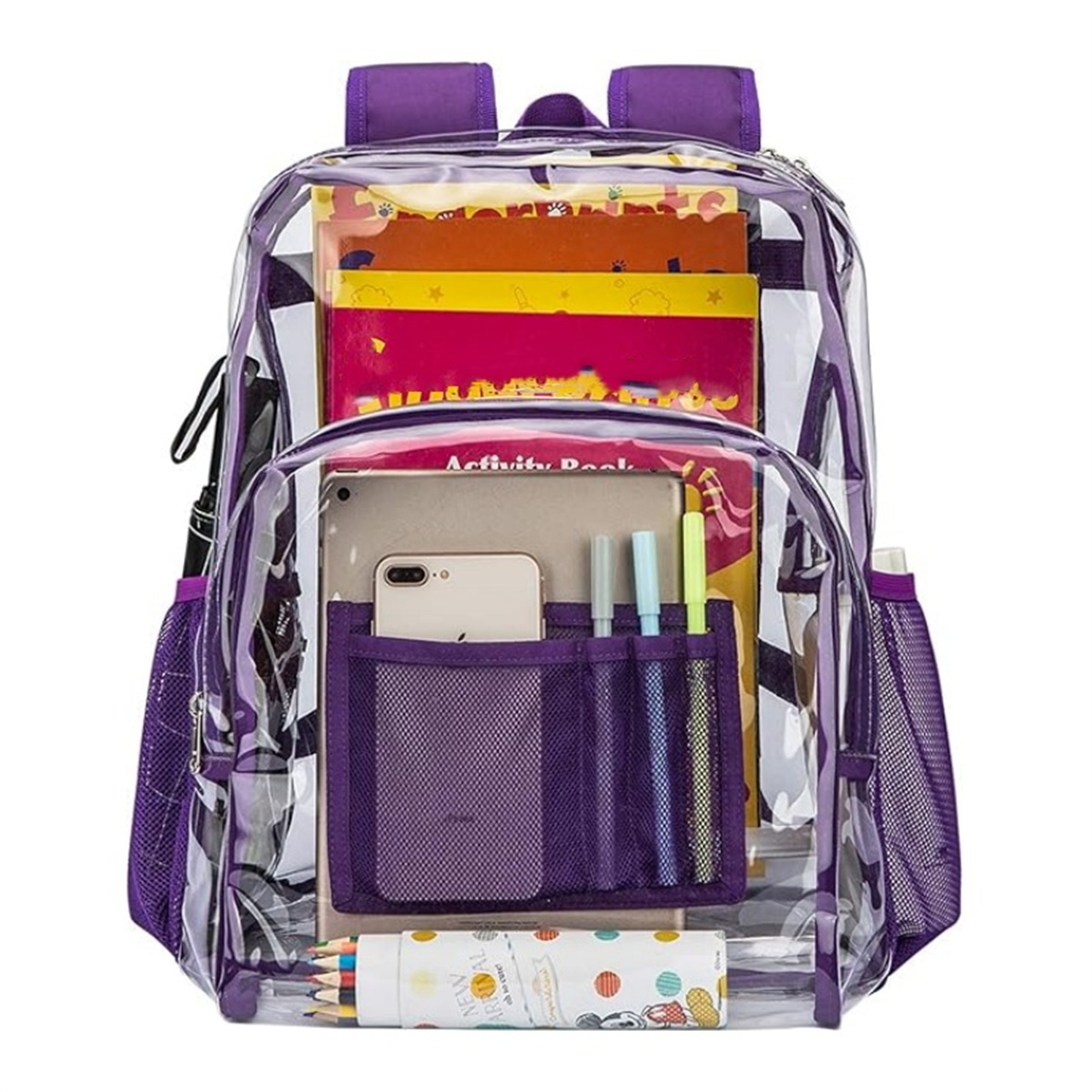 Transparenter Rucksack mit lila Besatz, gefüllt mit Büchern, einem Tablet, Bleistiften und einem Telefon.