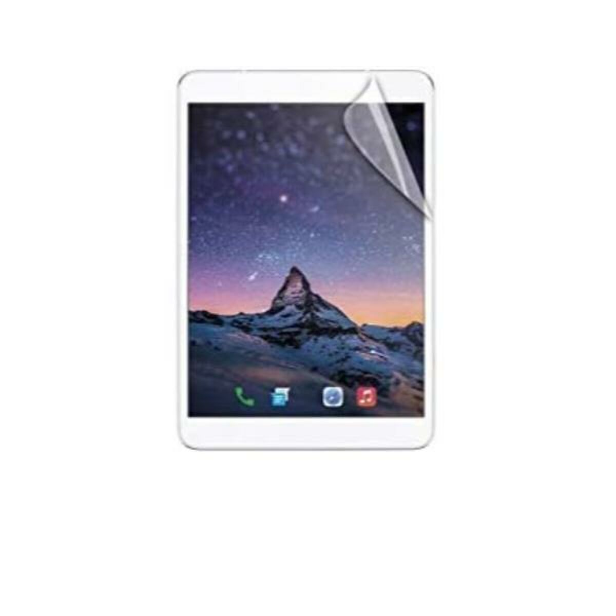 Tablet con protezione schermo. Il display mostra un paesaggio montano e icone.
