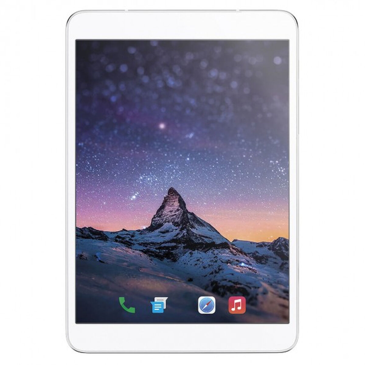 Un tablet bianco che mostra una scena del cielo notturno con montagne e stelle. Le icone della schermata iniziale sono visibili.