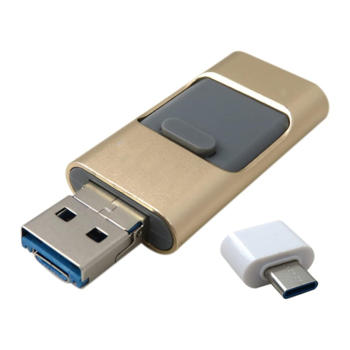 Goldener USB-Stick mit grauem Knopf und USB-C-Adapter, weißer Hintergrund.