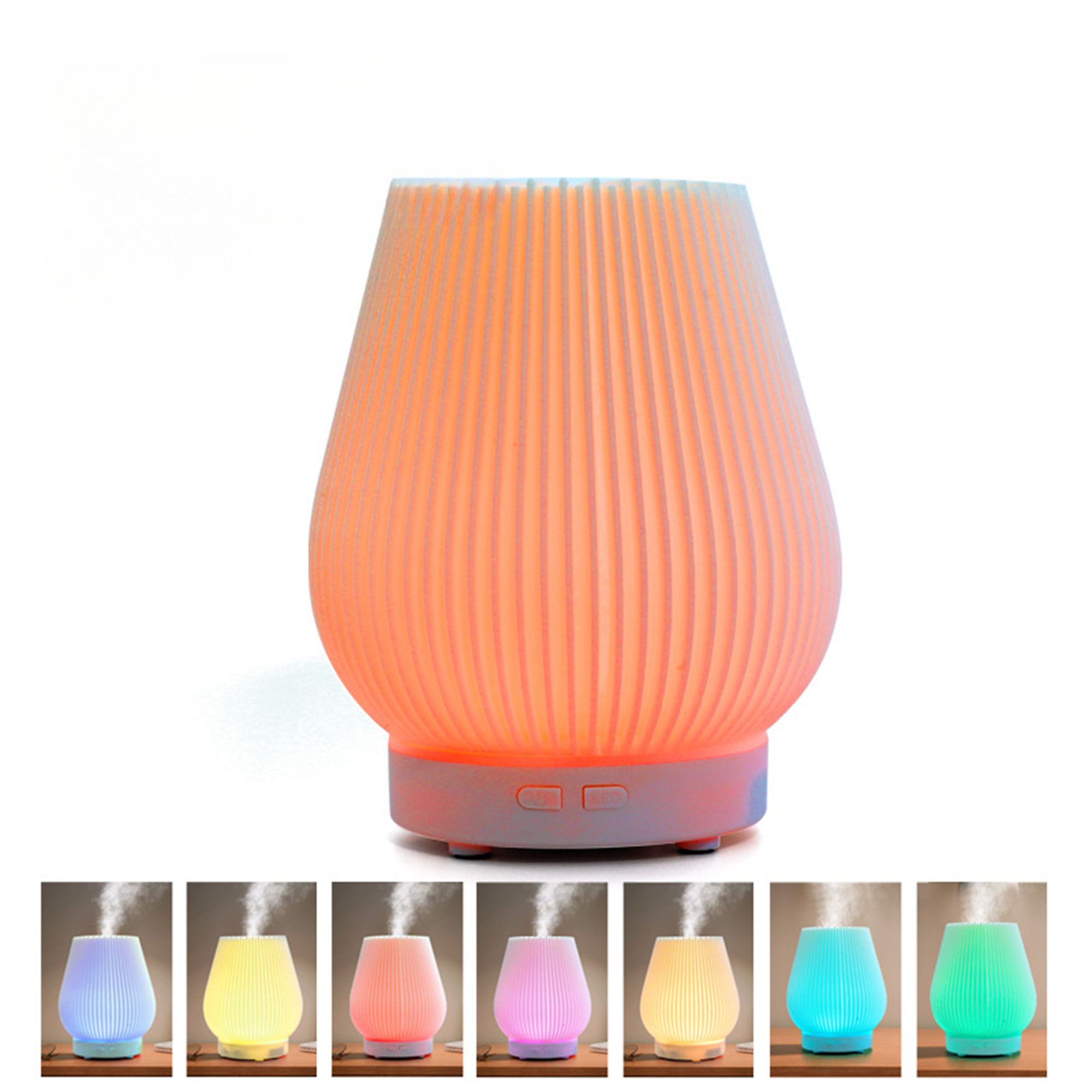 Weiß-oranger Diffusor für ätherische Öle, beleuchtet in verschiedenen Farben.