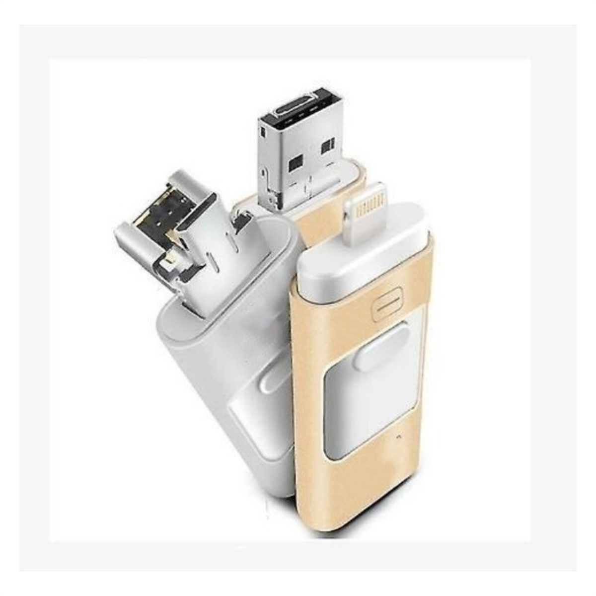 USB-Sticks mit verschiedenen Anschlüssen, zwei weiß und einer goldfarben.