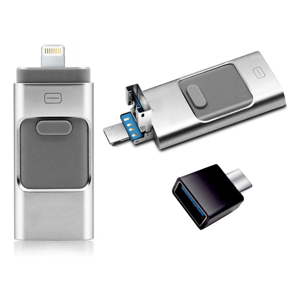 Ein USB-Laufwerk-Set. Es hat einen USB-C-Anschluss und einen Lightning-Anschluss.