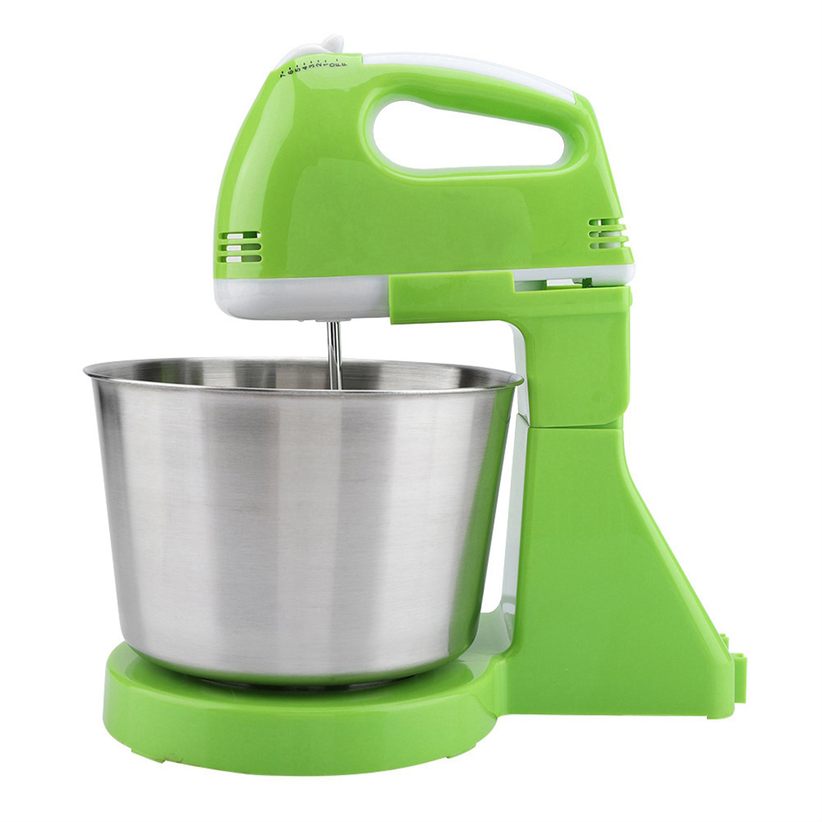 Ein grüner und weißer elektrischer Mixer. Der Mixer steht auf einem Ständer mit einer Schüssel. Weißer Hintergrund.
