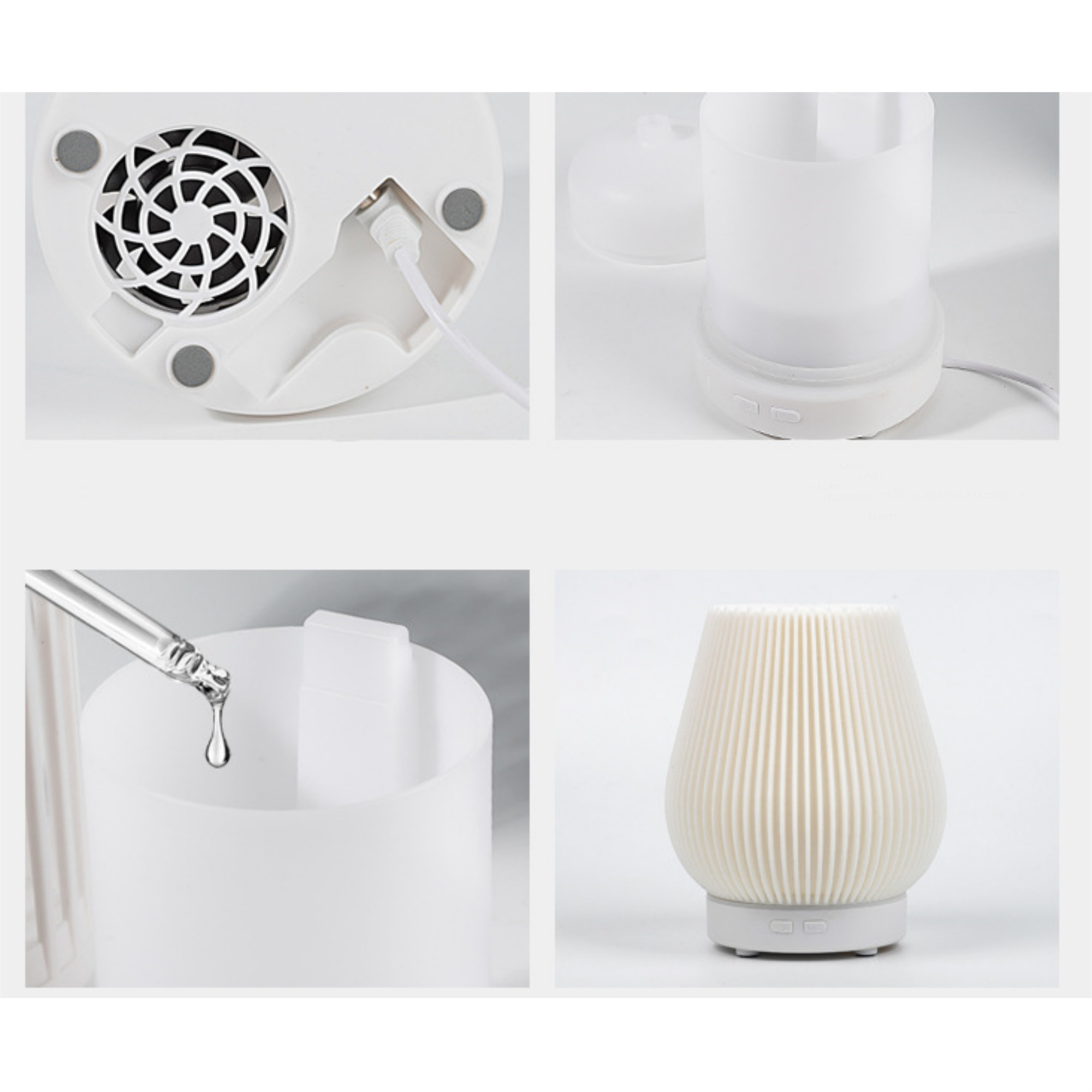 Vier Bilder eines weißen Aroma-Diffusors. Teile umfassen Basis, Lüfter und Wasserkammer.