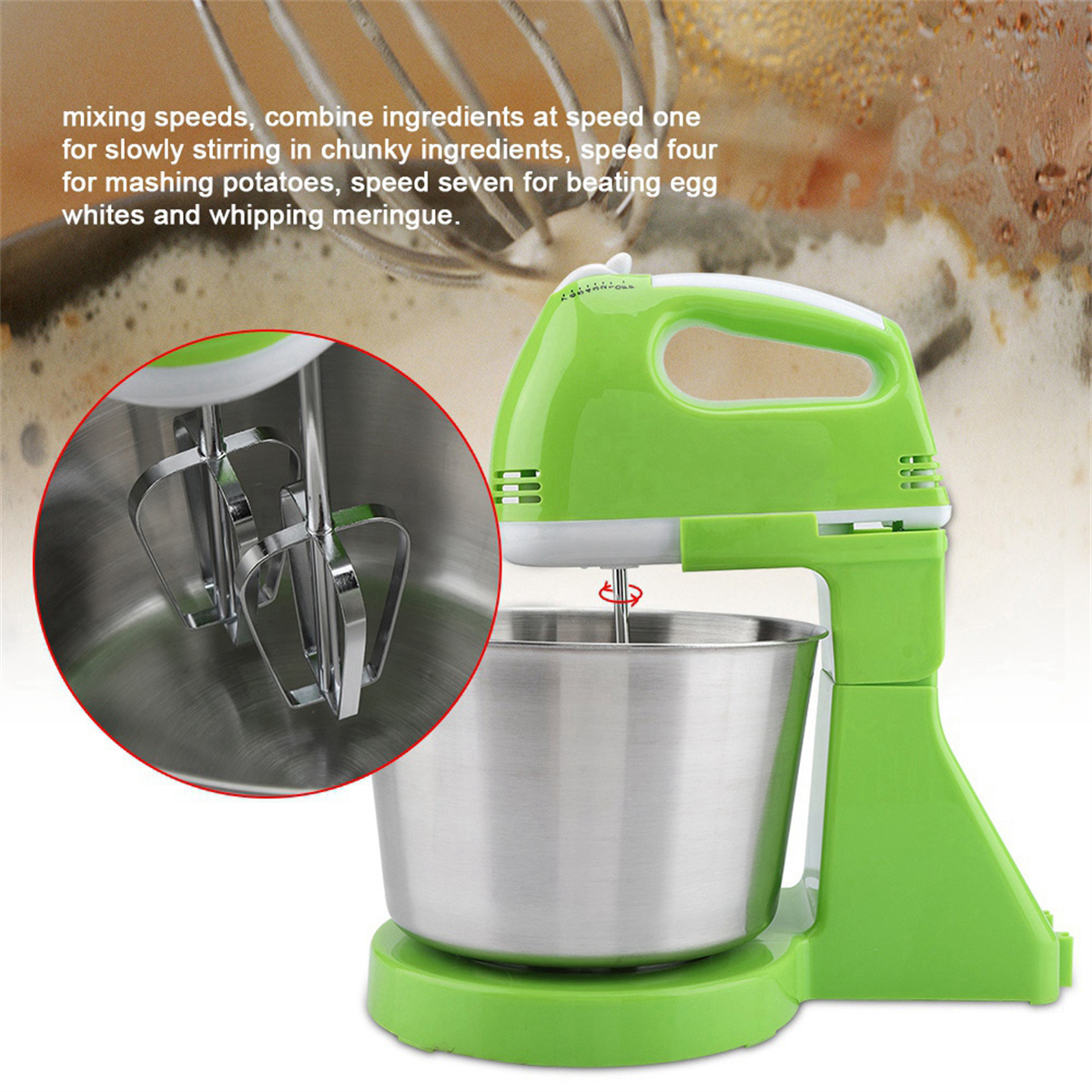 Grüner Handmixer mit Edelstahl-Schüssel. Nahaufnahme der Schläger. Anweisungen für Geschwindigkeiten im Text.