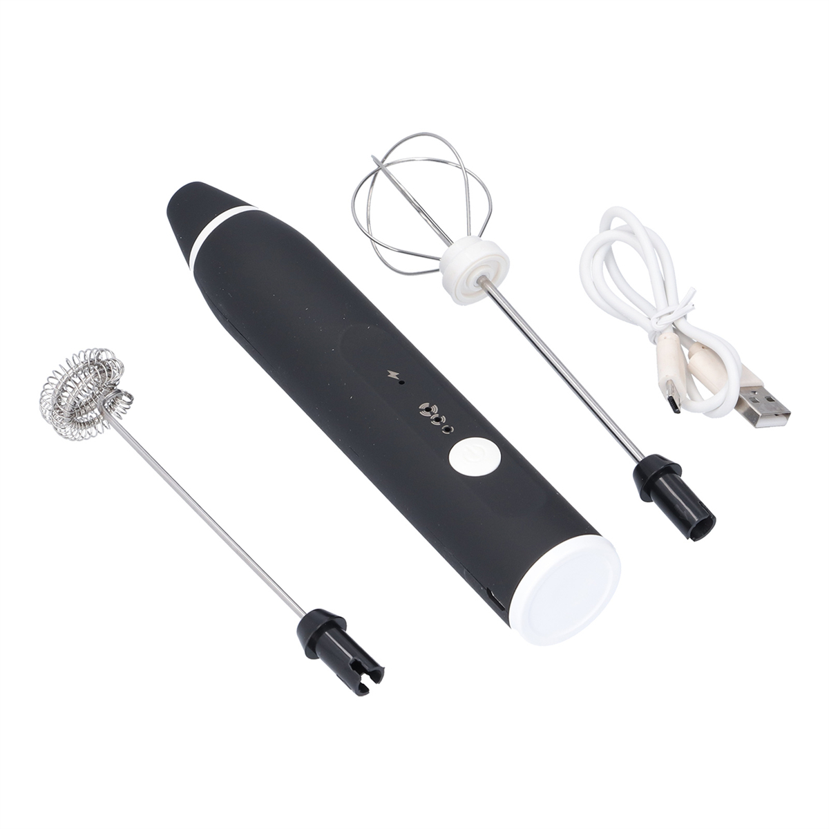 Ein schwarzer Milchaufschäumer mit zwei Schneebesen und einem USB-Kabel.