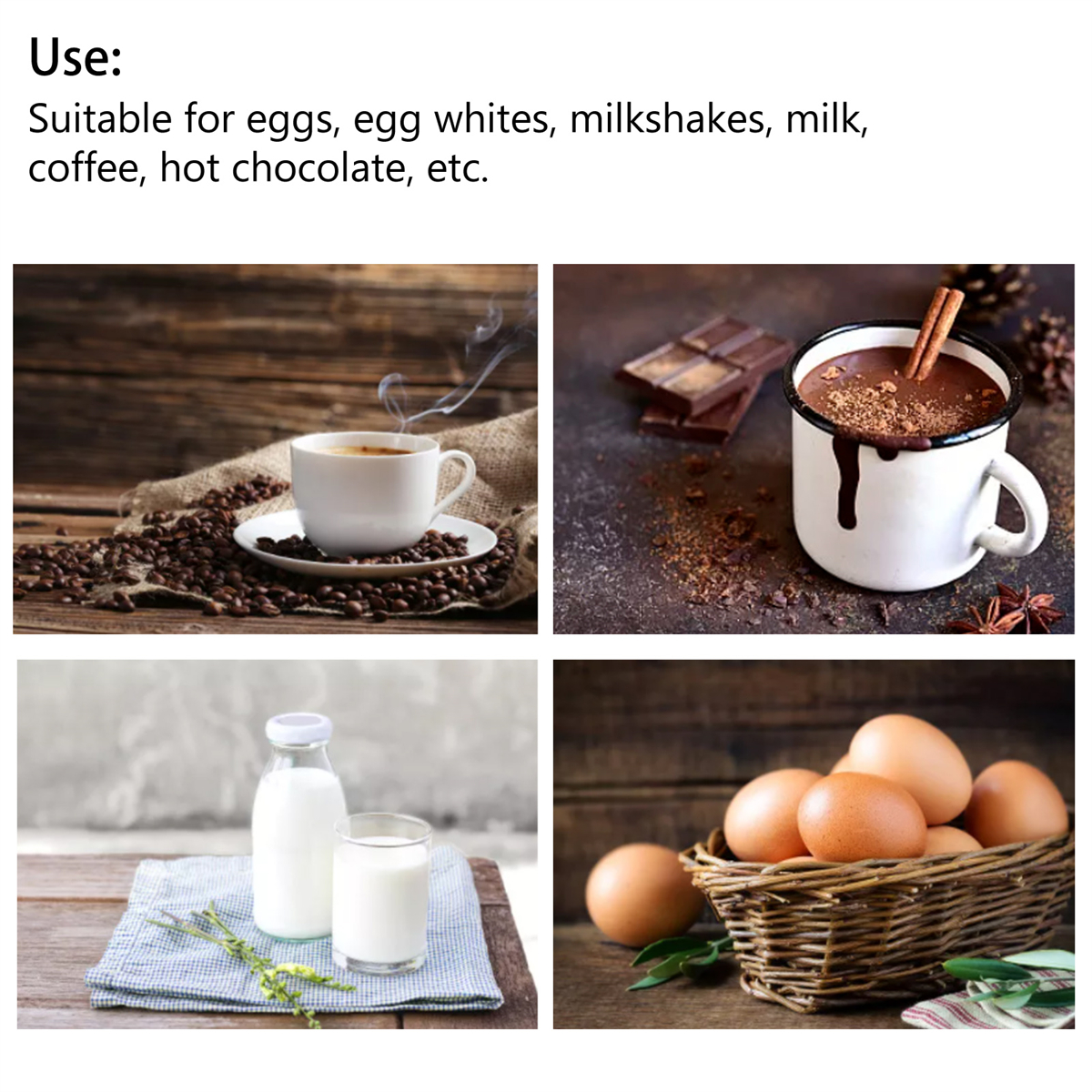 Mehrere Bilder von Kaffee, heißer Schokolade, Milch und Eiern, die auf Holzoberflächen angeordnet sind.