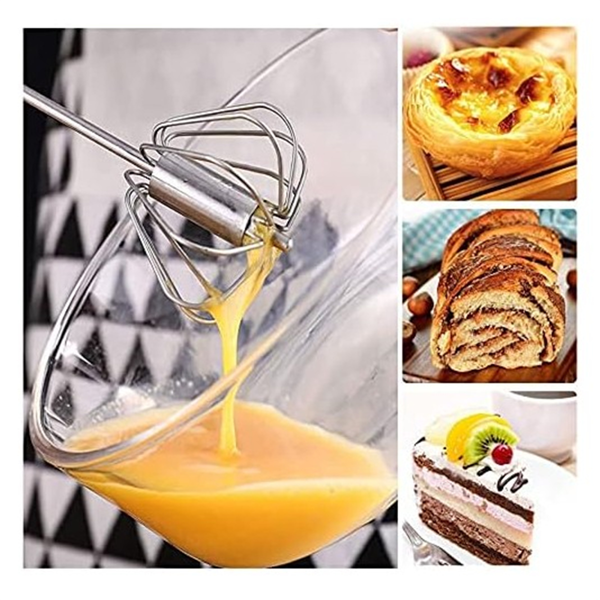 Eigelb wird in eine Glasschüssel gegossen. Es gibt Gebäck und Kuchen.