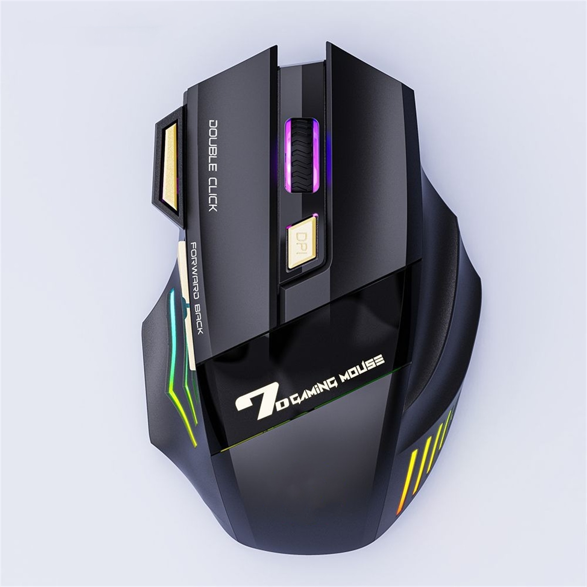 Schwarze Gaming-Maus mit farbigen Lichtern. Hat Tasten mit 'Double Click' und 'Forward/Back'.