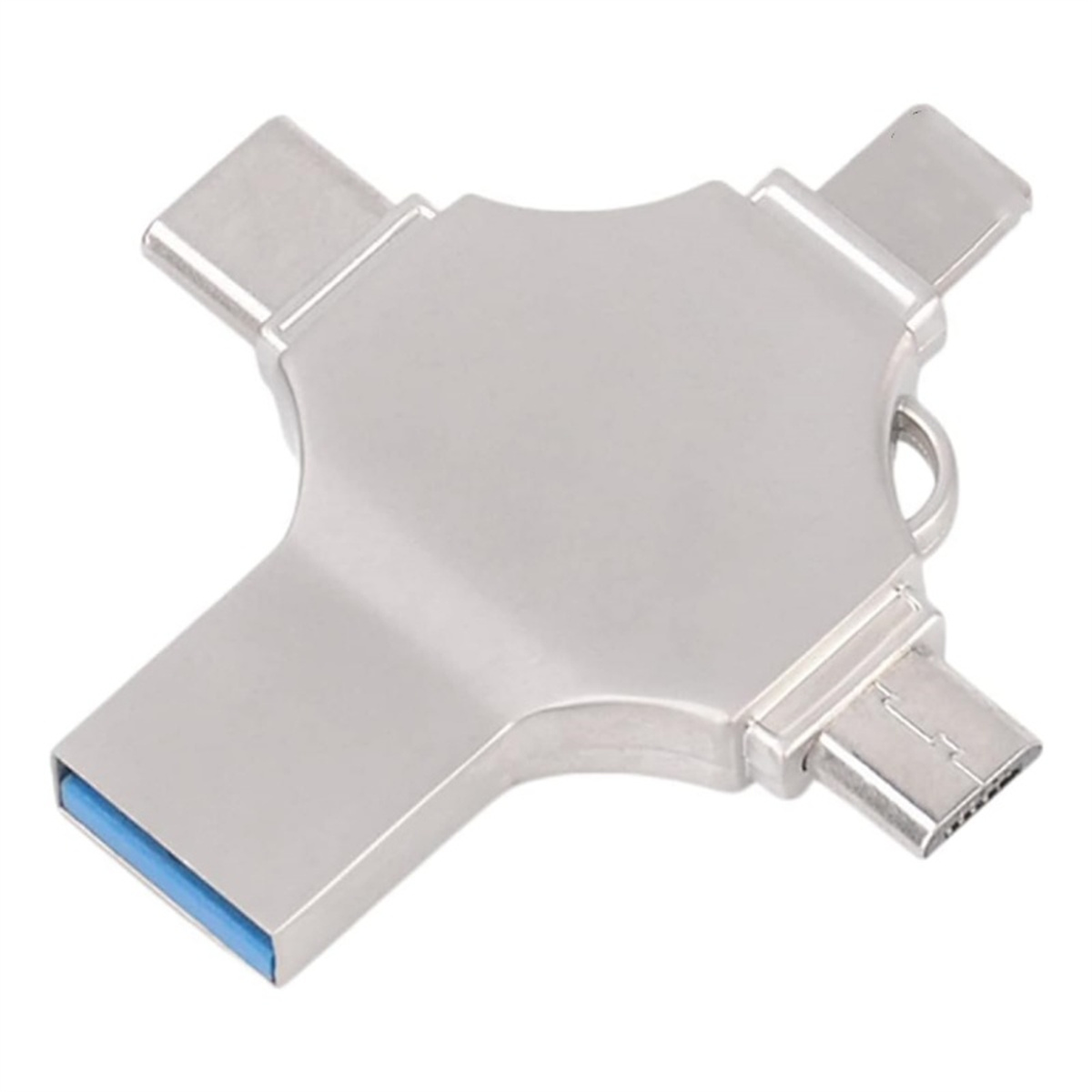 Silberner USB-Adapter mit mehreren Anschlüssen, isoliert auf Weiß.