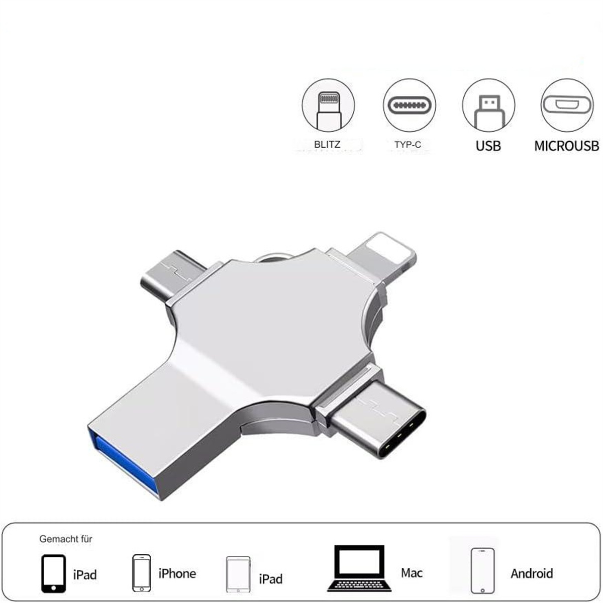 Silberner Multi-Port-USB-Adapter mit USB-, Typ-C- und MicroUSB-Anschlüssen.