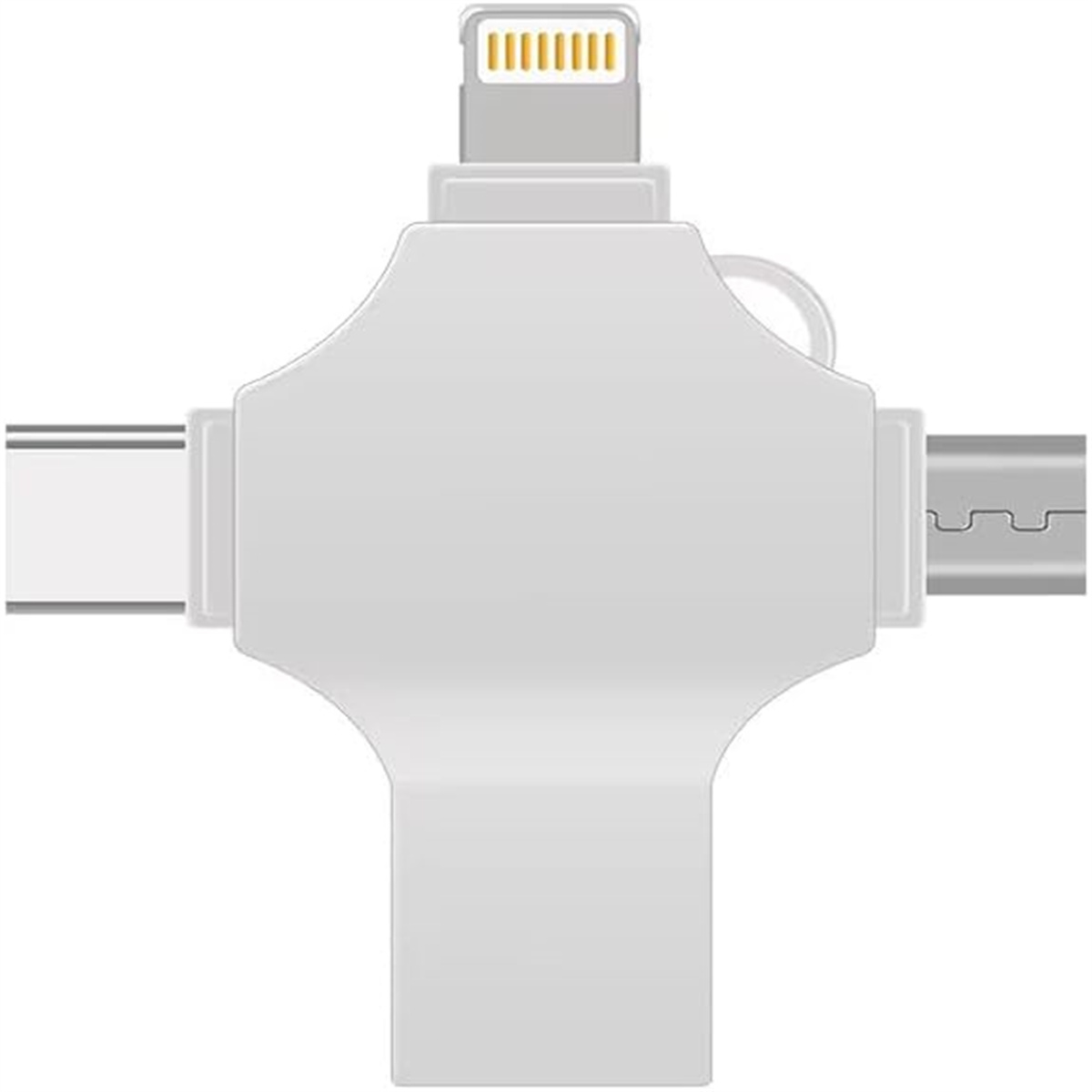 Ein weißer Multi-Port-Adapter mit verschiedenen Anschlussports wird vor weißem Hintergrund gezeigt.